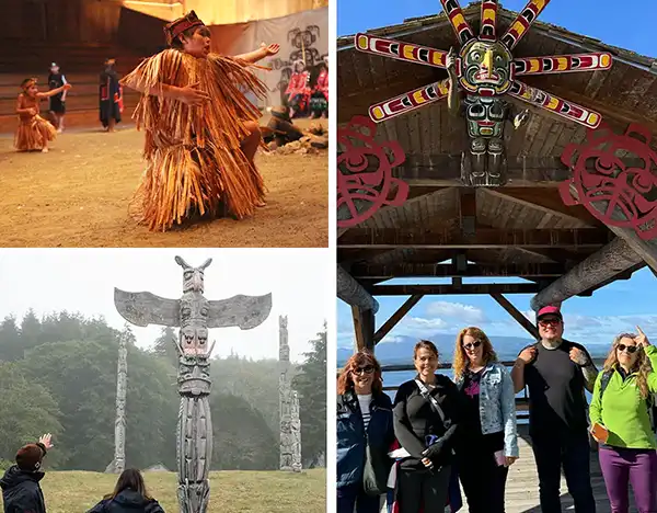 Collage of photos including totem pole, group of travellers and view of lake in Alert Bay, U’Mista and Nawalakw .