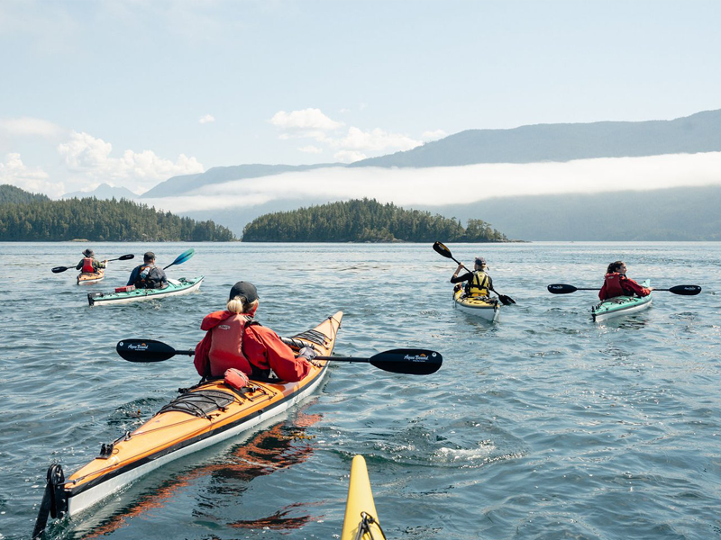 A group of travelers kayaking together, exploring the serene waters and surrounded by stunning natural landscapes, capturing the spirit of adventure and teamwork on a Karibu Adventures kayaking tour.