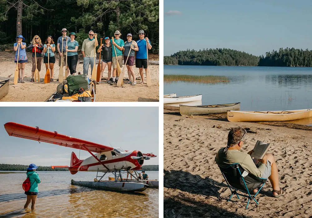 Collage of photos including groups people holding paddles, person admiring small bush plane and man reading on beach by canoes.