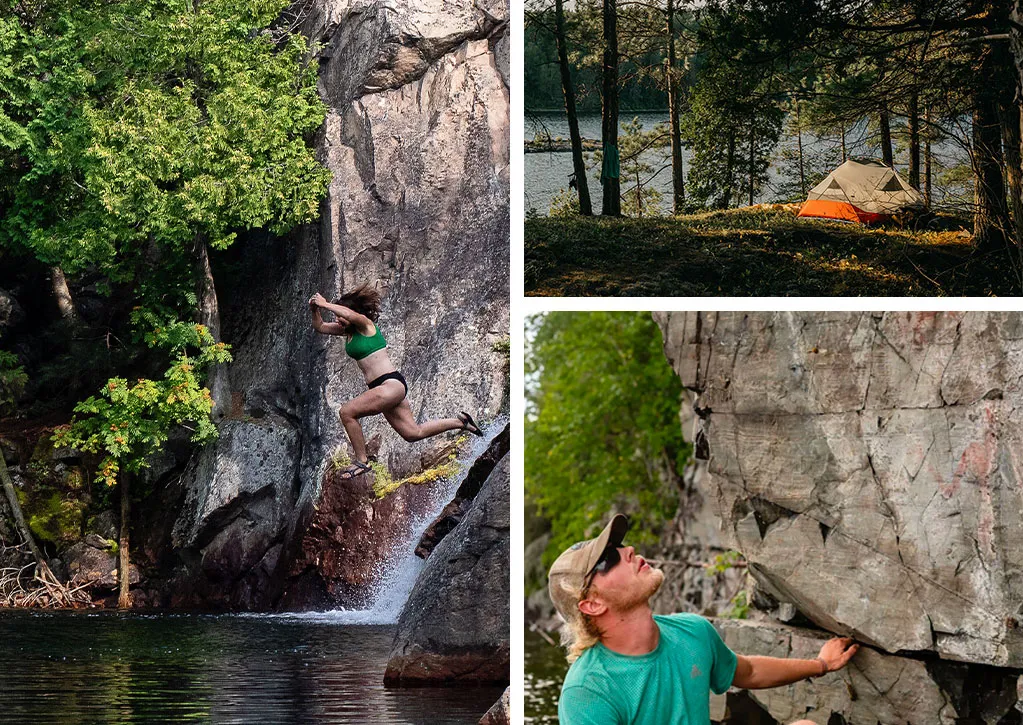 Collage of photos including woman jumping off rock into water, campsite and man admiring cliff on Karibu Adventures Tour. Temagami Ontario