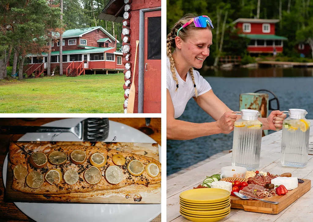 Collage of photos including accommodations, dinner setup and a woman preparing the dinner table. Boat pick up, Sauna and Lodge Relax in Temagami Ontario